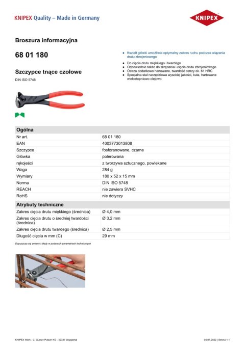 KNIPEX SZCZYPCE TNĄCE CZOŁOWE, POWLEKANE 180MM. KNIPEX SZCZYPCE TNĄCE CZOŁOWE, POWLEKANE 180MM.