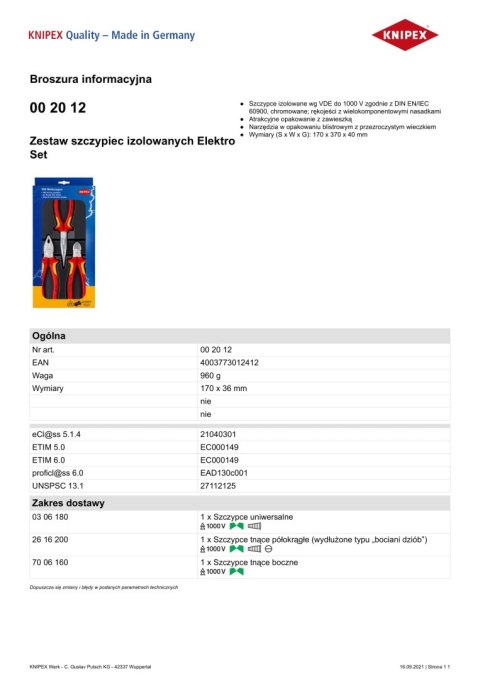 KNIPEX ZESTAW SZCZYPIEC 3 SZT. KNIPEX ZESTAW SZCZYPIEC 3 SZT.