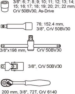 YATO WKŁAD DO SZUFLADY ZESTAW KLUCZY NASADOWYCH 3/8'' 22 CZĘŚCI