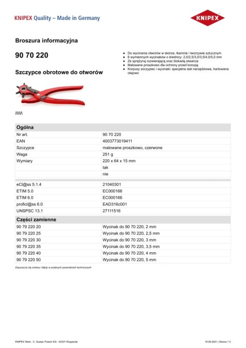 KNIPEX DZIURKACZ REWOLWEROWY 220MM KNIPEX DZIURKACZ REWOLWEROWY 220MM