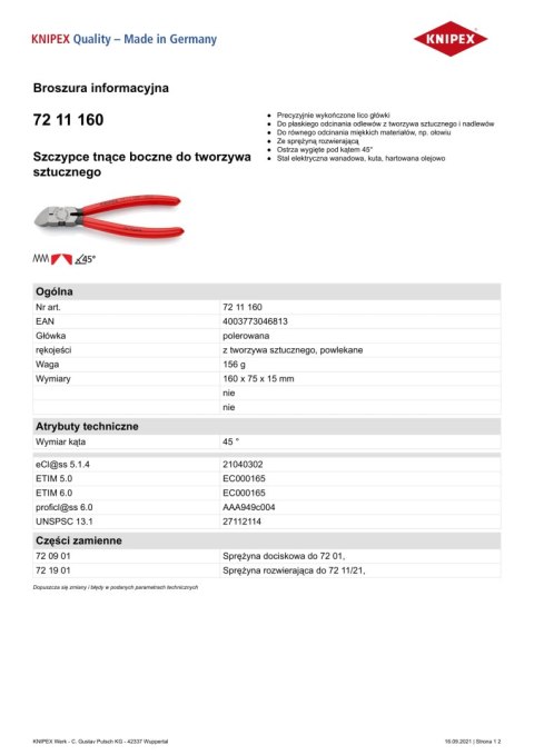 KNIPEX SZCZYPCE TNĄCE BOCZNE DO TWORZYWA SZTUCZNEGO 45 ° 160MM KNIPEX SZCZYPCE TNĄCE BOCZNE DO TWORZYWA SZTUCZNEGO 45 ° 160MM