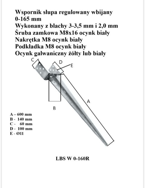 UN PODSTAWA SŁUPA WBIJANA REGULOWANA 0-165*700 MM UN PODSTAWA SŁUPA WBIJANA REGULOWANA 0-165*700 MM