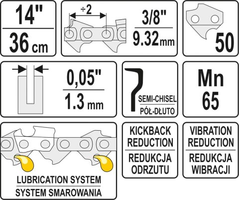 YATO ŁAŃCUCH TNĄCY DO PILARKI 14'' 3/8' 1.3MM 50Z YATO ŁAŃCUCH TNĄCY DO PILARKI 14'' 3/8' 1.3MM 50Z