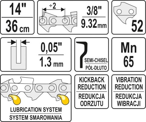YATO ŁAŃCUCH TNĄCY DO PILARKI 14'' 3/8' 1.3MM 52Z YATO ŁAŃCUCH TNĄCY DO PILARKI 14'' 3/8' 1.3MM 52Z