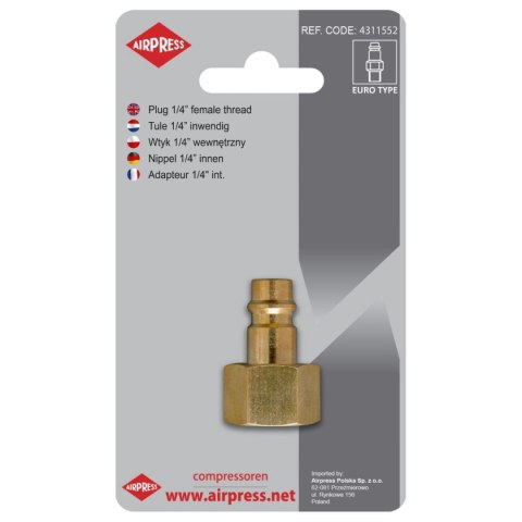 AIRPRESS WTYK SZYBKOZŁĄCZKI Z GWINTEM WEWNĘTRZNYM 1/4'' AIRPRESS WTYK SZYBKOZŁĄCZKI Z GWINTEM WEWNĘTRZNYM 1/4''