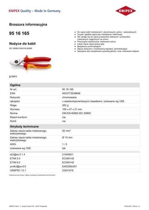 KNIPEX NOŻYCE DO KABLI IZOLOWANE 1000V 165MM KNIPEX NOŻYCE DO KABLI IZOLOWANE 1000V 165MM