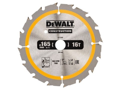 DEWALT PIŁA TARCZOWA DO DREWNA 165/20MM, 16 ZĘBÓW