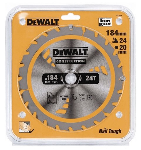 DEWALT PIŁA TARCZOWA DO DREWNA 184/20MM, 24 ZĘBÓW