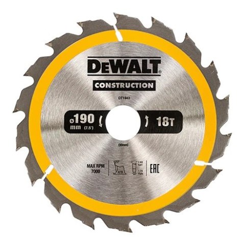 DEWALT PIŁA TARCZOWA DO DREWNA 190/30MM, 18 ZĘBÓW