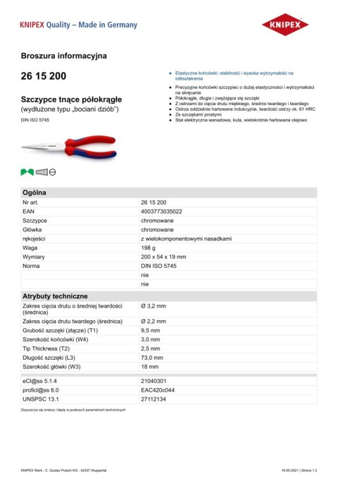 KNIPEX SZCZYPCE TNĄCE PÓŁOKRĄGŁE 200MM KNIPEX SZCZYPCE TNĄCE PÓŁOKRĄGŁE 200MM