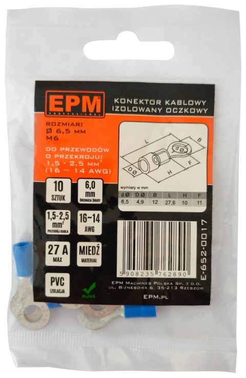 EPM KOŃCÓWKA OCZKOWA IZOLOWANA 1.5-2.5MM 2/6MM 10 SZTUK EPM KOŃCÓWKA OCZKOWA IZOLOWANA 1.5-2.5MM 2/6MM 10 SZTUK
