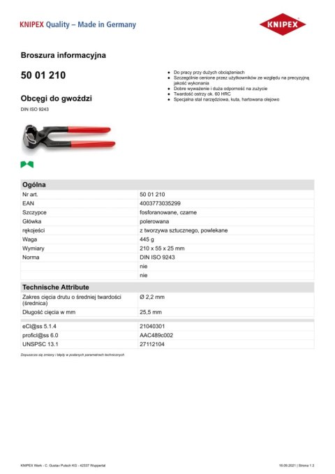 KNIPEX OBCĘGI DO GWOŹDZI 210MM KNIPEX OBCĘGI DO GWOŹDZI 210MM