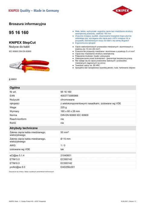 KNIPEX NOŻYCE DO KABLI IZOLOWANE 1000V 160MM KNIPEX NOŻYCE DO KABLI IZOLOWANE 1000V 160MM