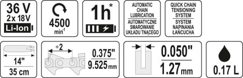 YATO PILARKA ŁAŃCUCHOWA 14'',36V BEZ AKUMULATORA YATO PILARKA ŁAŃCUCHOWA 14'',36V BEZ AKUMULATORA