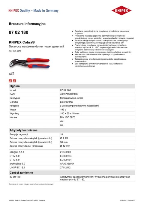 KNIPEX SZCZYPCE DO RUR COBRA 250MM KNIPEX SZCZYPCE DO RUR COBRA 250MM