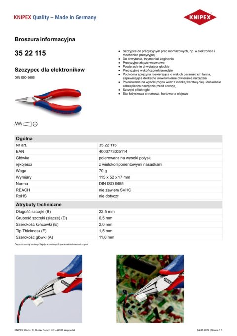 KNIPEX SZCZYPCE DLA ELEKTRONIKÓW 115MM KNIPEX SZCZYPCE DLA ELEKTRONIKÓW 115MM