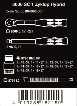 WERA ZESTAW KLUCZY NASADOWYCH Z GRZECHOTKĄ ZYKLOP HYBRID 1/2''