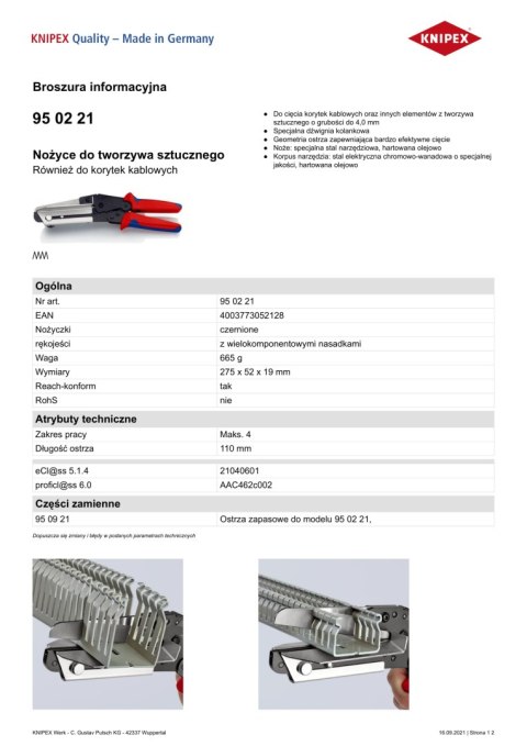 KNIPEX NOŻYCE DO TWORZYWA SZTUCZNEGO 110MM KNIPEX NOŻYCE DO TWORZYWA SZTUCZNEGO 110MM