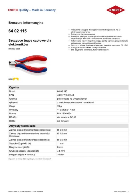 KNIPEX SZCZYPCE TNĄCE CZOŁOWE DLA ELEKTRONIKÓW KNIPEX SZCZYPCE TNĄCE CZOŁOWE DLA ELEKTRONIKÓW