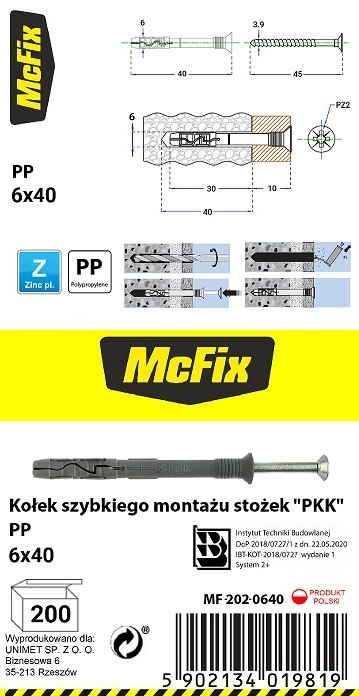 MC FIX KOŁEK SZYBKI MONTAŻ STOŻEK PP 6*40MM MC FIX KOŁEK SZYBKI MONTAŻ STOŻEK PP 6*40MM
