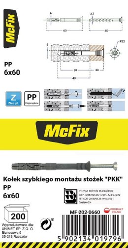 MC FIX KOŁEK SZYBKI MONTAŻ STOŻEK PP 6*60MM