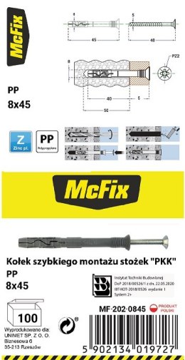 MC FIX KOŁEK SZYBKI MONTAŻ STOŻEK PP 8*45MM