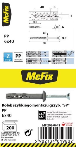 MC FIX KOŁEK SZYBKI MONTAŻ Z KOŁNIERZEM PP 6*40MM