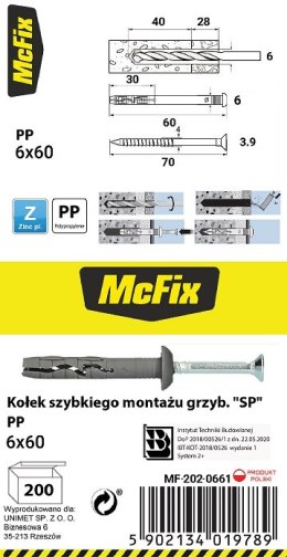 MC FIX KOŁEK SZYBKI MONTAŻ Z KOŁNIERZEM PP 6*60MM