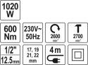 YATO ELEKTRYCZNY KLUCZ UDAROWY 1/2'' 600NM