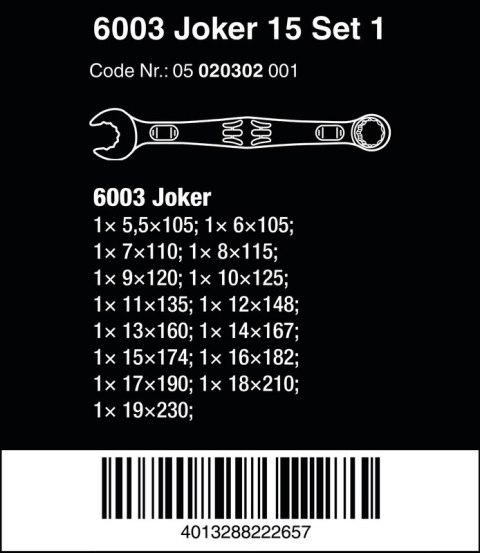 WERA ZESTAW KLUCZY PŁASKO-OCZKOWYCH 6003 JOKER 15SZT. WERA ZESTAW KLUCZY PŁASKO-OCZKOWYCH 6003 JOKER 15SZT.