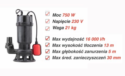 YATO POMPA DO ŚCIEKÓW 750W Z ROZDRABNIACZEM YATO POMPA DO ŚCIEKÓW 750W Z ROZDRABNIACZEM