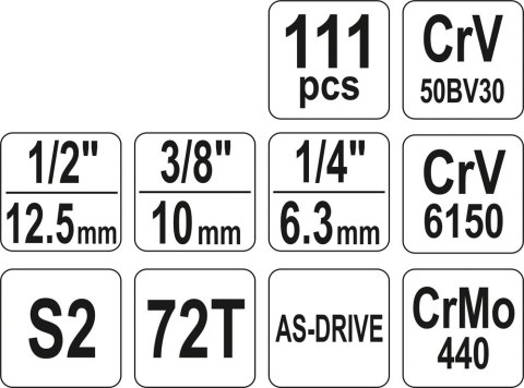 YATO ZESTAW NARZĘDZIOWY 1/4'' 3/8'' 1/2'' 111CZĘŚCI XL YATO ZESTAW NARZĘDZIOWY 1/4'' 3/8'' 1/2'' 111CZĘŚCI XL