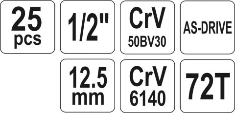YATO ZESTAW NARZĘDZIOWY 25 CZĘŚCI 1/2'' YATO ZESTAW NARZĘDZIOWY 25 CZĘŚCI 1/2''