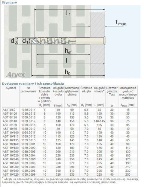 ARVEX DYBEL RAMOWY WKRĘT ŁEB TORX AST 10/180MM