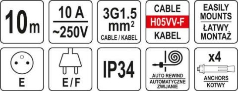 YATO PRZEDŁUŻACZ ELEKTRYCZNY NA ZWIJAKU AUTOMAT 10M YATO PRZEDŁUŻACZ ELEKTRYCZNY NA ZWIJAKU AUTOMAT 10M