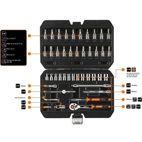 NEO ZESTAW KLUCZY NASADOWYCH 1/4'' 46SZT NEO ZESTAW KLUCZY NASADOWYCH 1/4'' 46SZT