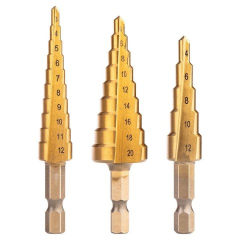 NEO ZESTAW WIERTEŁ STOPNIOWYCH HSS TIN 3-20 MM HEX 3 SZT. NEO ZESTAW WIERTEŁ STOPNIOWYCH HSS TIN 3-20 MM HEX 3 SZT.