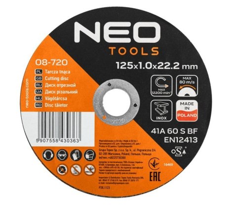 NEO TARCZA PŁASKA 125*1.0*22 METAL/INOX 100 SZT. WIADERKO