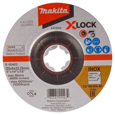 MAKITA TARCZA SZLIFIERSKA WYPUKŁA DO METALU 125*6*22MM X-LOCK WA36N MAKITA TARCZA SZLIFIERSKA WYPUKŁA DO METALU 125*6*22MM X-LOCK WA36N