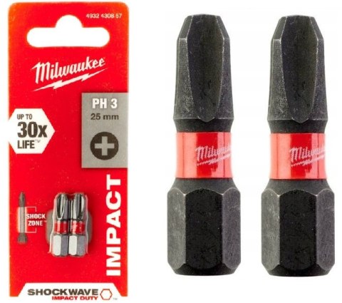 MILWAUKEE BIT, GROT, KOŃCÓWKA SHOCKWAVE PH3 25MM 2 SZT.