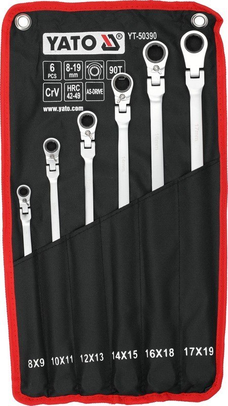 YATO ZESTAW KLUCZY Z GRZECHOTKĄ I PRZEGUBEM, DŁUGIE, 8-19MM, 6SZT
