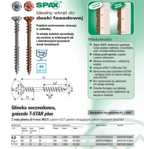 SPAX WKRĘT FASADOWY (200) A2 ANTYK TX 4.5*50MM STARE ZŁOTO