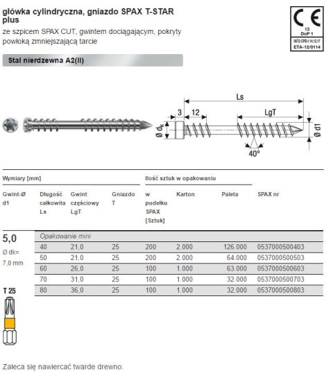 SPAX WKRĘT TARASOWY A2 (200) TX 5.0*50MM SPAX-D