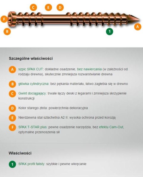 SPAX WKRĘT TARASOWY A2 (400) TX 5.0*60MM SPAX-D STARE ZŁOTO